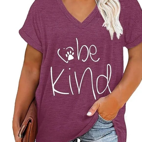 NWT  Danvouy Women's L Purple V Neck Short Sleeve T Shirt w Be Kind Script - Picture 1 of 7